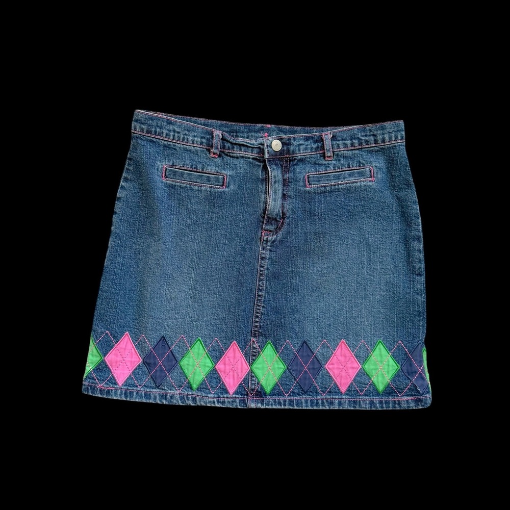 Lilly Pulitzer Denim Mini Skirt Blue Argyle Diamond Hem Pink Stitching Youth 18